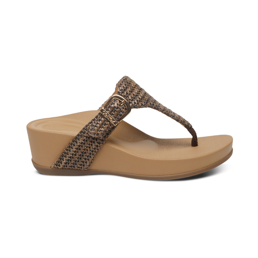 Aetrex Women's Kate Thong Wedge Sandals - Brown | USA J1TFDPY